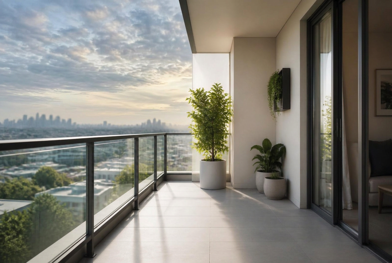 A spotless modern balcony with a city view