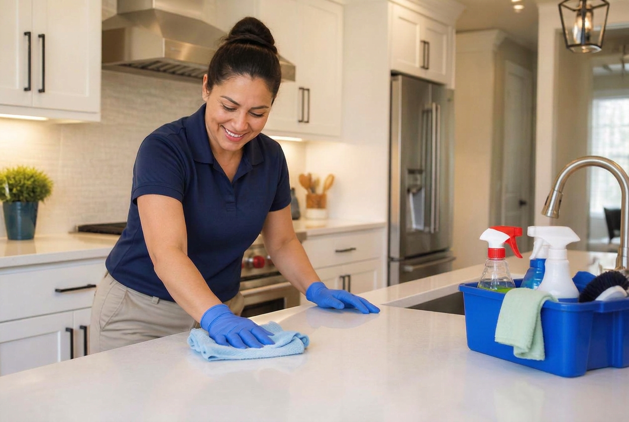 H&L cleaner wiping a spotless kitchen counter