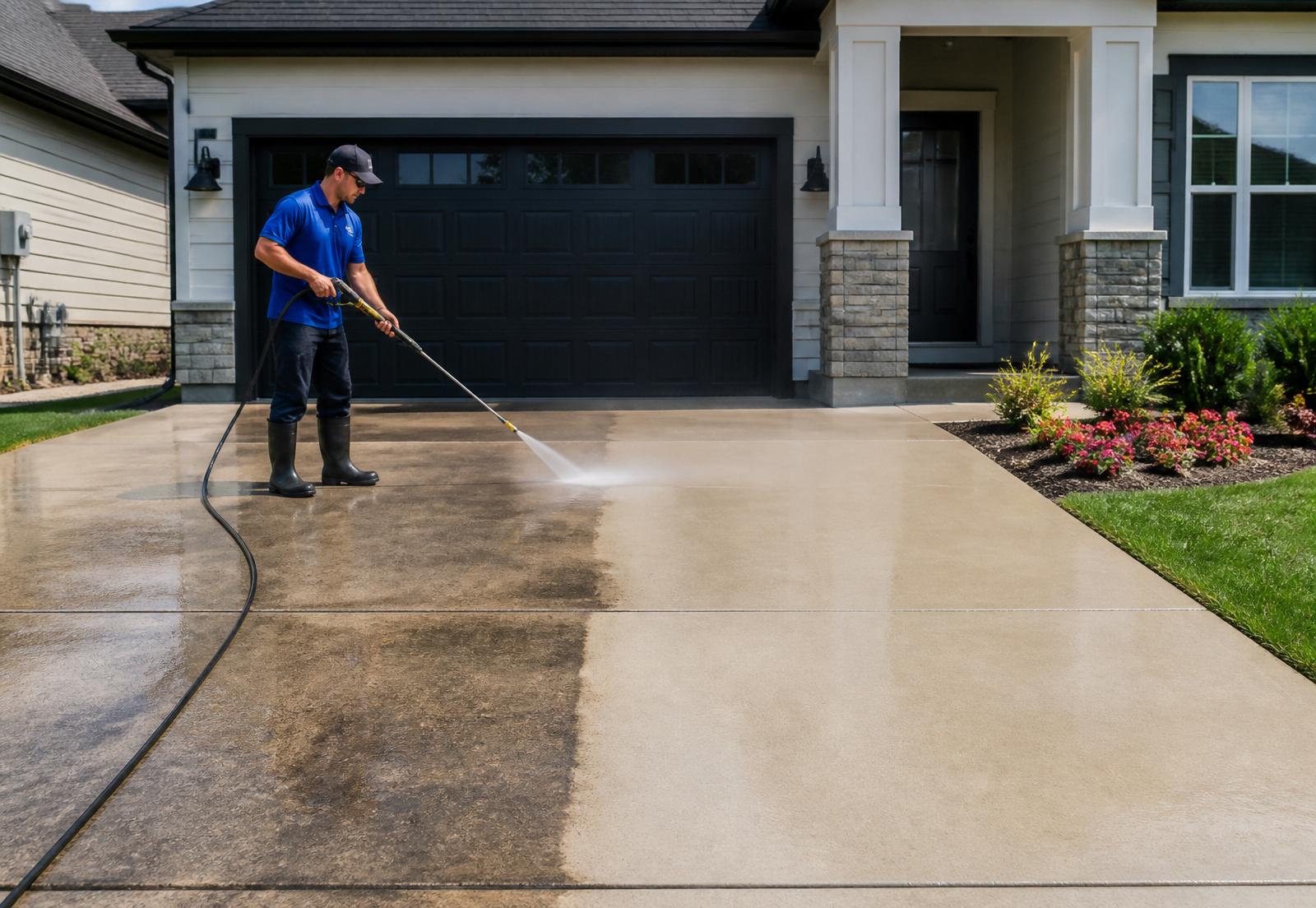 Pressure washing a driveway with dramatic before-and-after contrast