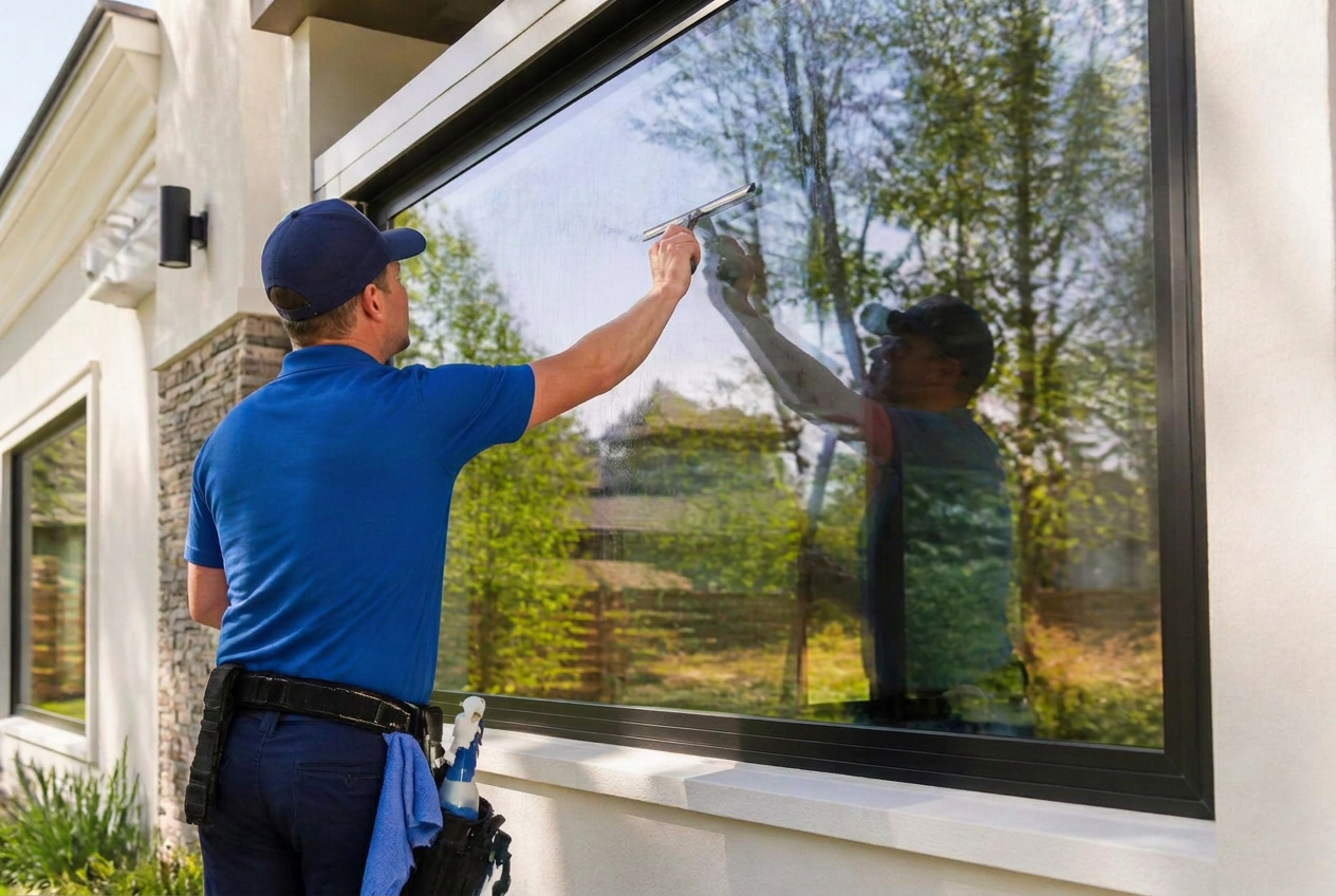Professional cleaning a large residential window